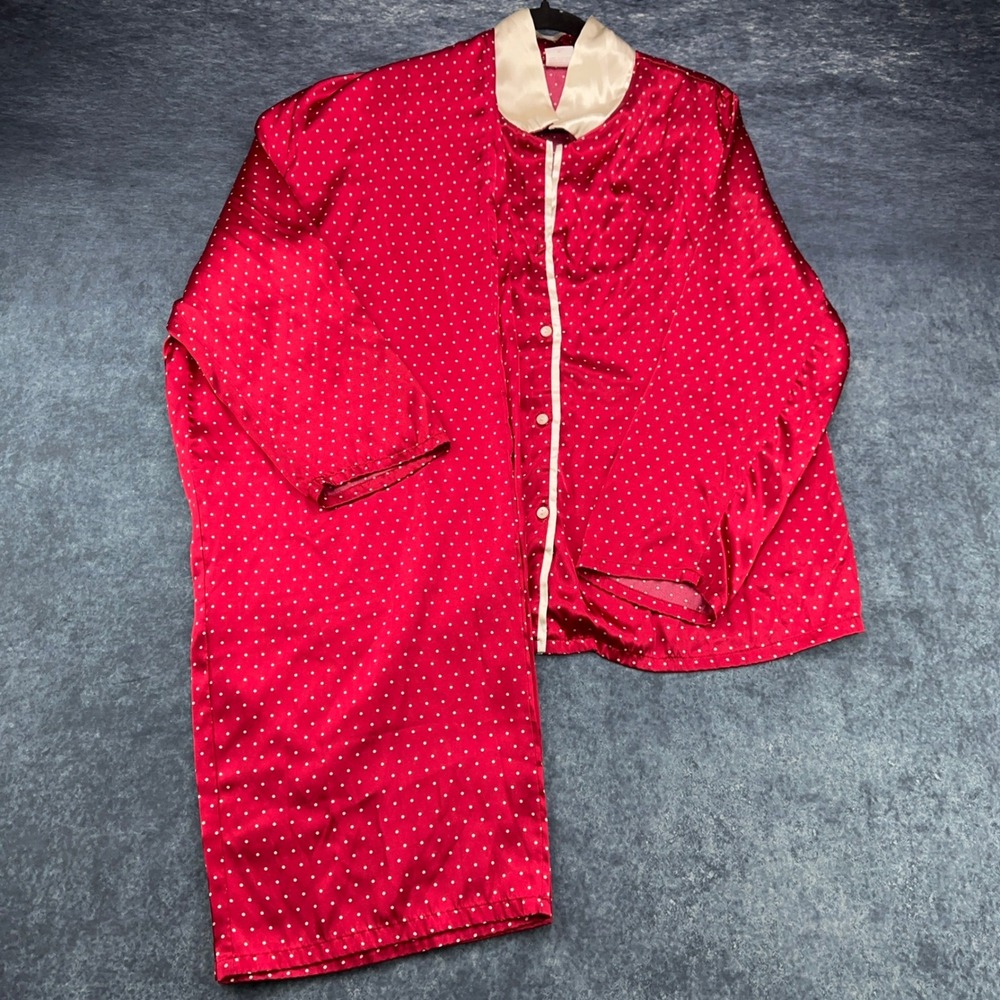 Gilligan O'Malley Womens XL Red Polka Dot Satin Pajama Set Button Up Wide Leg